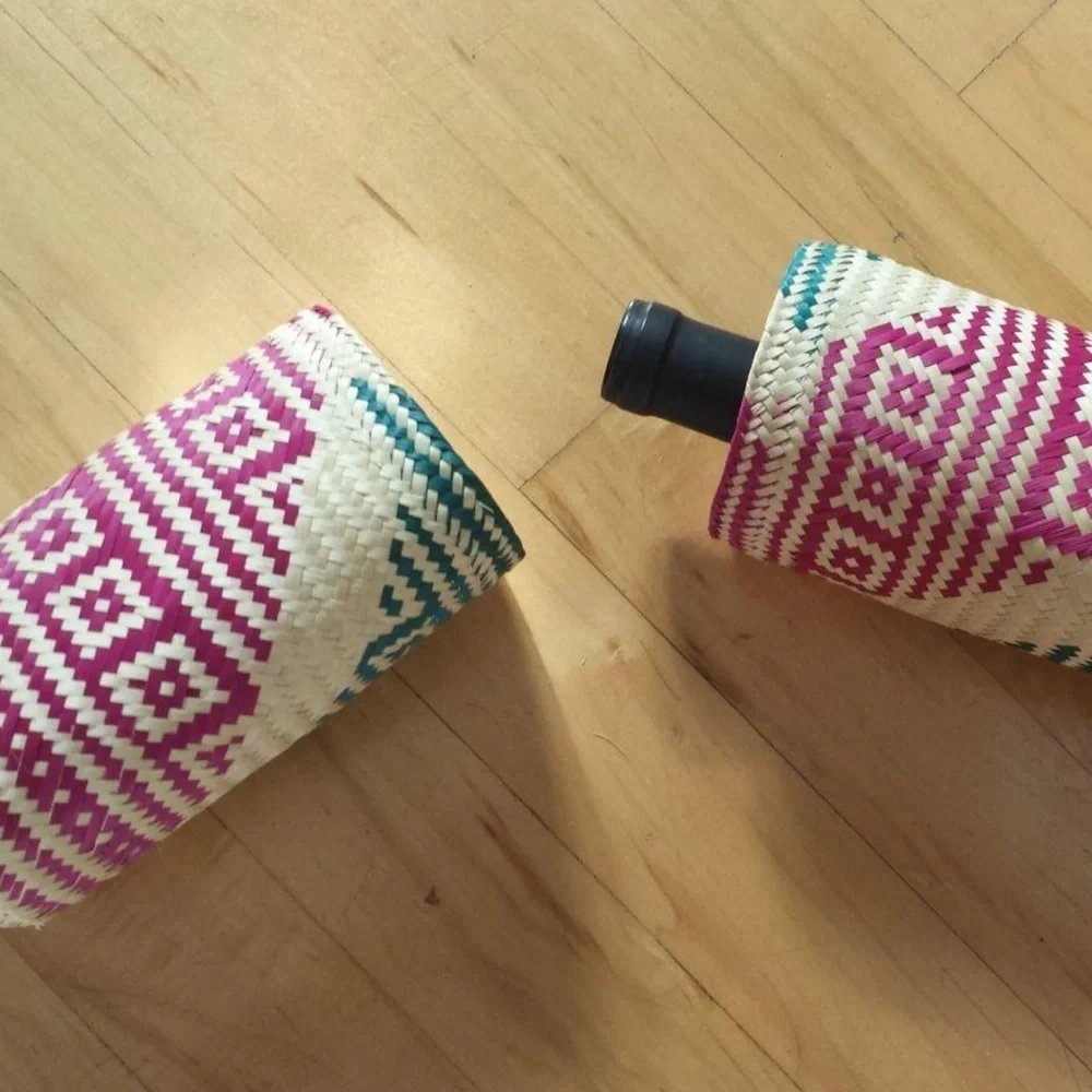 PALM LEAF BOTTLE BASKET PINK/GREEN/NATURAL OAXACA‎ MÉXICO ORGANIC HANDMADE BOHO